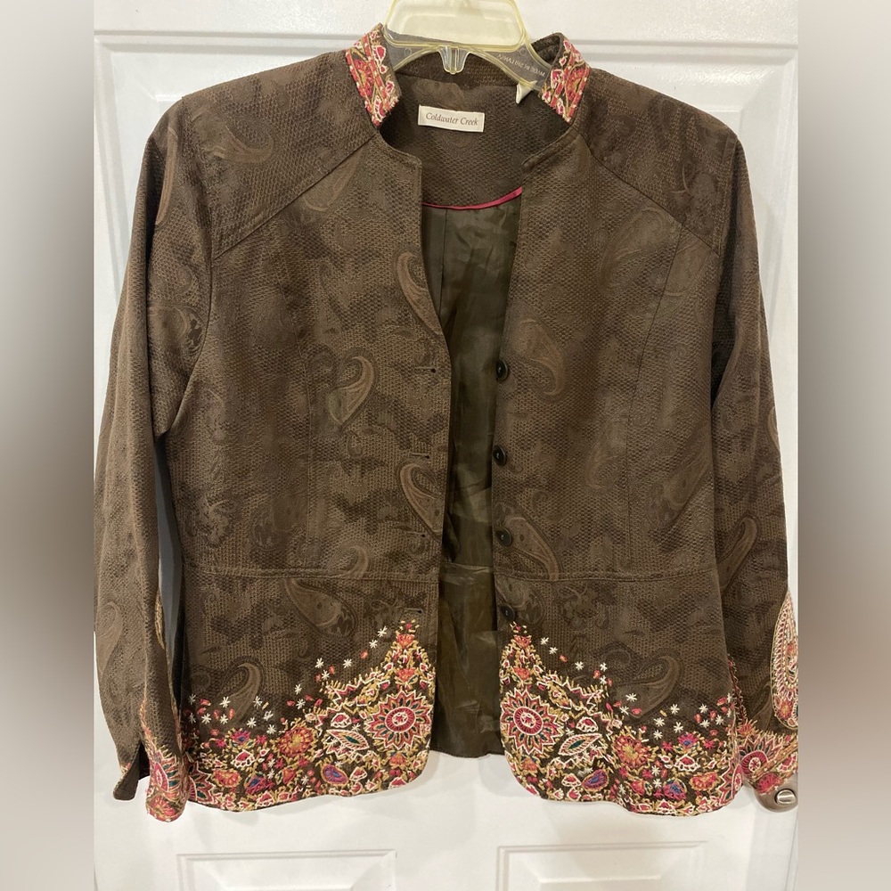 Coldwater Creek Brown Paisley Blazer with Pink Floral Trim